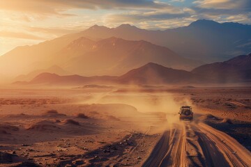 Fototapeta premium Travel to Africa for safari extreme adventures or science expedition in the Sahara desert at sunrise Mountain landscape with dust on skylin