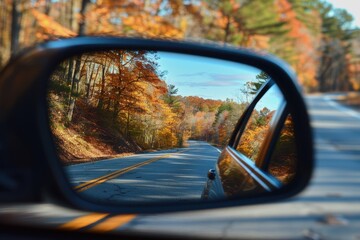 Fototapeta premium Traveling by car looking at rearview mirror