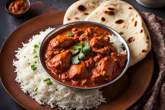 Slow cooked chicken curry in a rich spicy tomato based sauce served with warm naan bread and basma, AI Generated