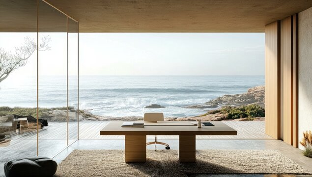Modern office with ocean view and wooden desk.