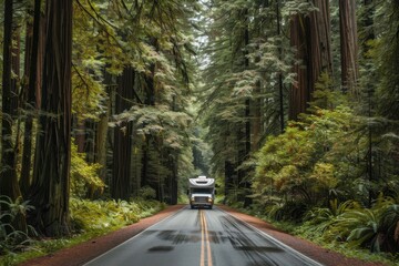 Traveling in motor home through lush redwood forest