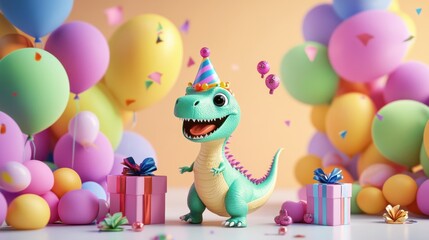 Obraz premium Cute Dinosaur Wearing Party Hat Surrounded by Balloons and Presents for Birthday Celebration