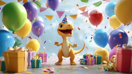 Obraz premium Happy Birthday Dinosaur with Balloons and Presents - 3D Rendered Illustration.