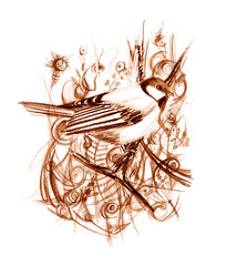 Illustration of a bird and various decorative elements around. White background. Different shades of brown. Sepia. Pencils drawing. The decor consists of lines, curls, abstract plants.