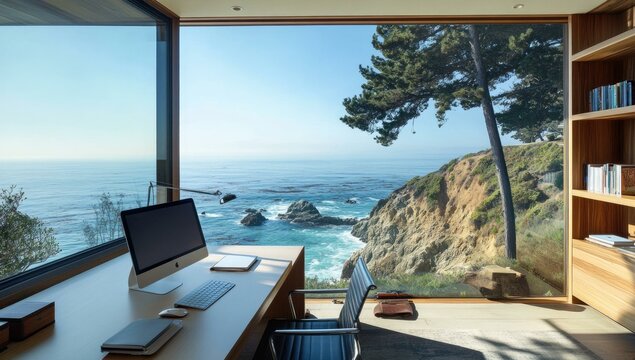 Ocean view office with a wooden desk, computer, and chair.