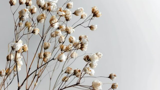 Dried flax or fluffy boho dried flowers, natural brown texture on a white background.