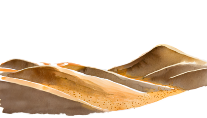 Create a watercolor painting of sand dunes in the desert, bathed in the warm hues. Generative AI.