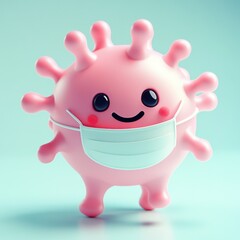 Naklejka premium Cute Pink Virus Cartoon Character Wearing a Medical Face Mask on a Blue Background.