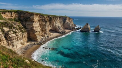 Coastal cliffs and blue sea panoramic view