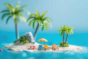 Tropical island with mini beach gear on blue backdrop