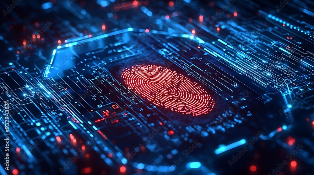 Poster a digital fingerprint scan on a circuit board, highlighted with blue and red lights, symbolizing cut