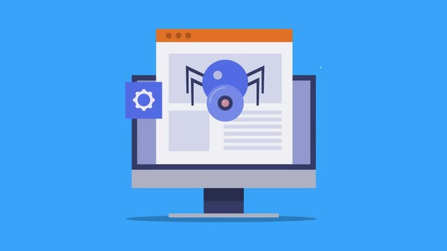 Search engine web crawler bot collecting data from website content and coding, search indexing technology video animation concept.
