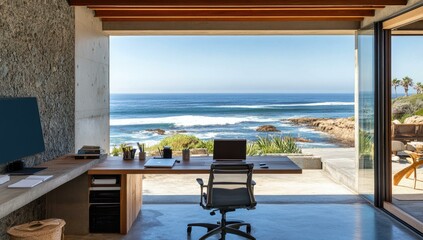 Fototapeta premium Ocean view office with wooden desk and chair.