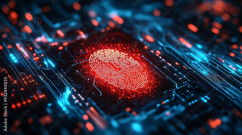 Poster a fingerprint scan on an abstract circuit board, representing a digital security concept.