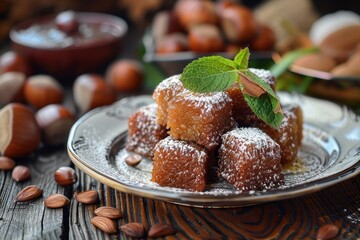 Turkish dessert with chestnut candies on a plate