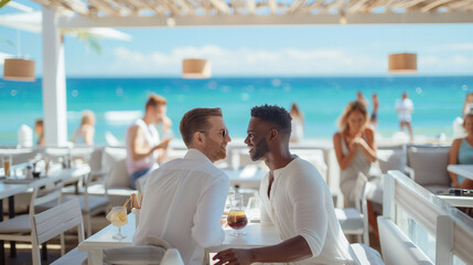 A couple shares a tender moment at a beachfront restaurant, surrounded by laughter and stunning ocean views, enhancing their romantic dining experience and creating an unforgettable atmosphere