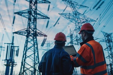 Two engineers using a laptop at a power station to plan electricity production at high voltage