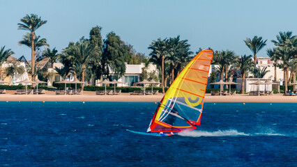 windsurfing in the blue water on the background of the beach with umbrellas and palm trees in Egypt Dahab South Sinai