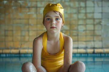 Young girl in swimsuit and yellow cap on pool deck for synchronized swimming lesson Promoting healthy child development through sports