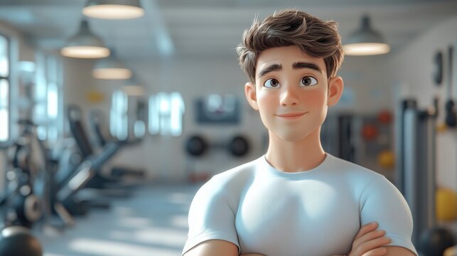 Young guy fitness trainer standing in the background of fitness gym. Funny cheerful facial expression, 3d style cartoon character
