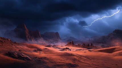 Obraz premium Dramatic Desert Landscape with Lightning Storm and Red Sand Dunes