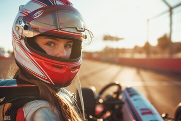 Naklejka premium Young girl racer taking picture near karting car in track with helmet on sunny day