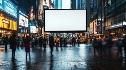 Blank Billboard in Times Square New York City at Night with Blurred People and Traffic