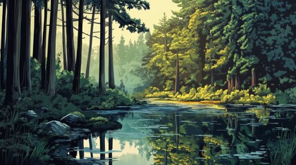 A tranquil forest scene with a still pond reflecting the surrounding trees.