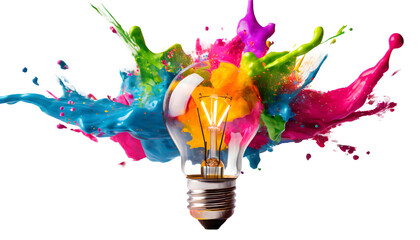 Creative light bulb explodes with colorful paint Splash on a white isolated background. Generative AI.