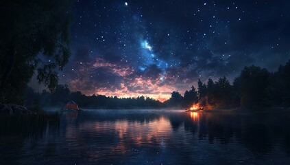 Starry night sky over lake with tent and campfire.