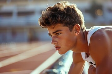 Young male athlete on starting blocks ready to run at a sunny athletics event