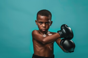 Young male boxer in focus wearing sports gear and gloves Healthy lifestyle Turquoise backdrop with blank area Studio shot