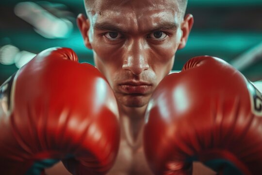 Young male boxer training in the gym with his coach focusing on motivation and preparing for competition