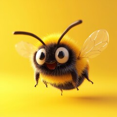 Cute Cartoon Bumble Bee Flying with Big Eyes and Happy Smiling Face on Yellow Background