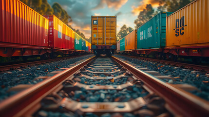 Obraz premium Cargo Train on Railroad Tracks in Sunset Illustration