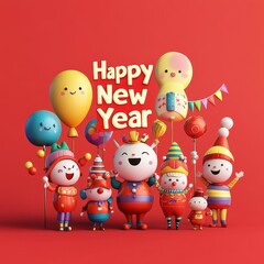 Naklejka premium Happy New Year Celebration with Cute Cartoon Characters and Balloons.