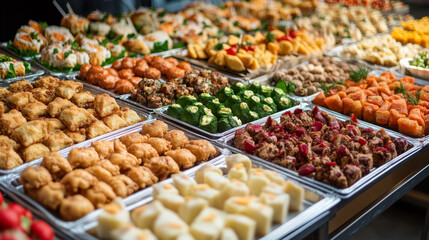 “A diverse selection of cold snacks arranged on a buffet table for catering. The spread includes an assortment of appetizers, finger foods, and chilled dishes, 
