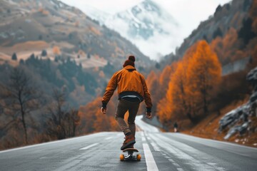 Young man boards down empty mountain road embodying millennial freedom and skateboarding culture