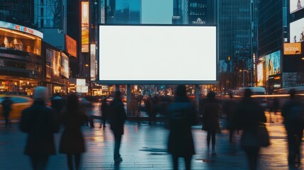 Blank Billboard in Busy City Street at Night with Blurred People and Traffic.