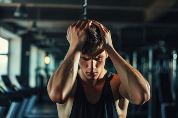 Young man frustrated hands on forehead gym plateau concept