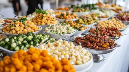 &ldquo;A diverse selection of cold snacks arranged on a buffet table for catering. The spread includes an assortment of appetizers, finger foods, and chilled dishes, 