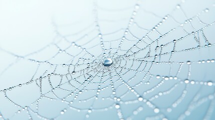 spiders web with dew drops on it on a pale blue background