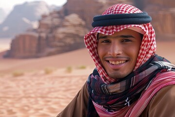 Young man in bisht surfing sands in Wadi Rum desert is an attraction