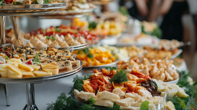 &ldquo;A diverse selection of cold snacks arranged on a buffet table for catering. The spread includes an assortment of appetizers, finger foods, and chilled dishes, 