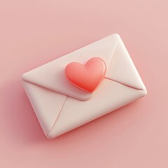 3D Render of White Envelope with Red Heart on Pink Background.