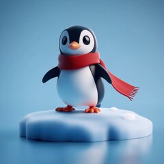 Obraz premium Cute Cartoon Penguin Wearing Red Scarf on Iceberg 3D Render