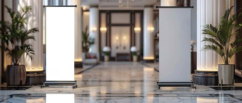 Pull up banner mockup stands in the lobby. Blank roll up poster stands in elegant hallway interior 