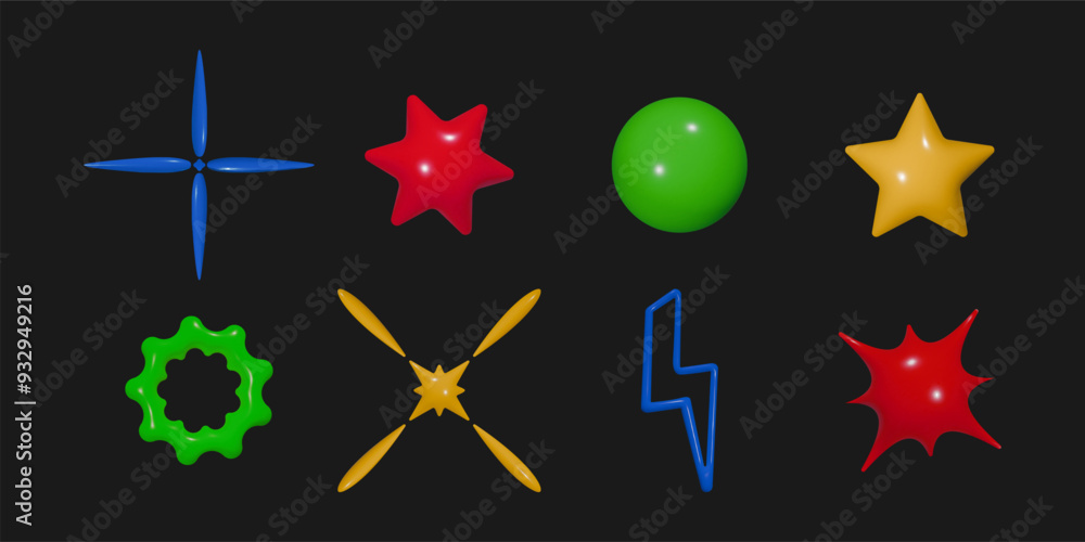 Poster set of colored 3d plastic figures in y2k style. inflated elements with plastic effect isolated on bl