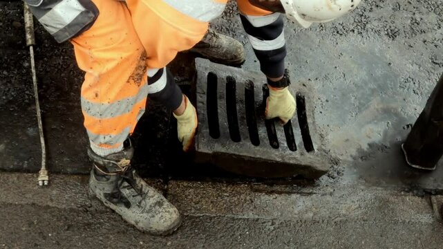 Worker Clears Debris From Storm Drain on Busy Street