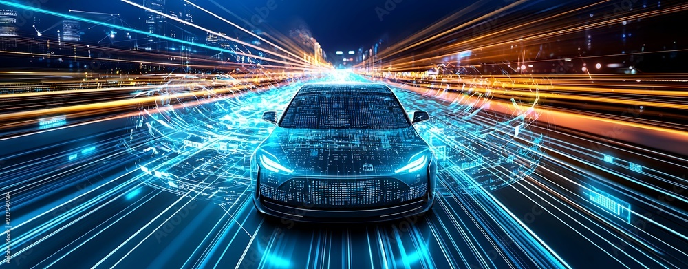 Poster top view of an ai-powered self-driving car navigating through a busy digital highway, surrounded by 